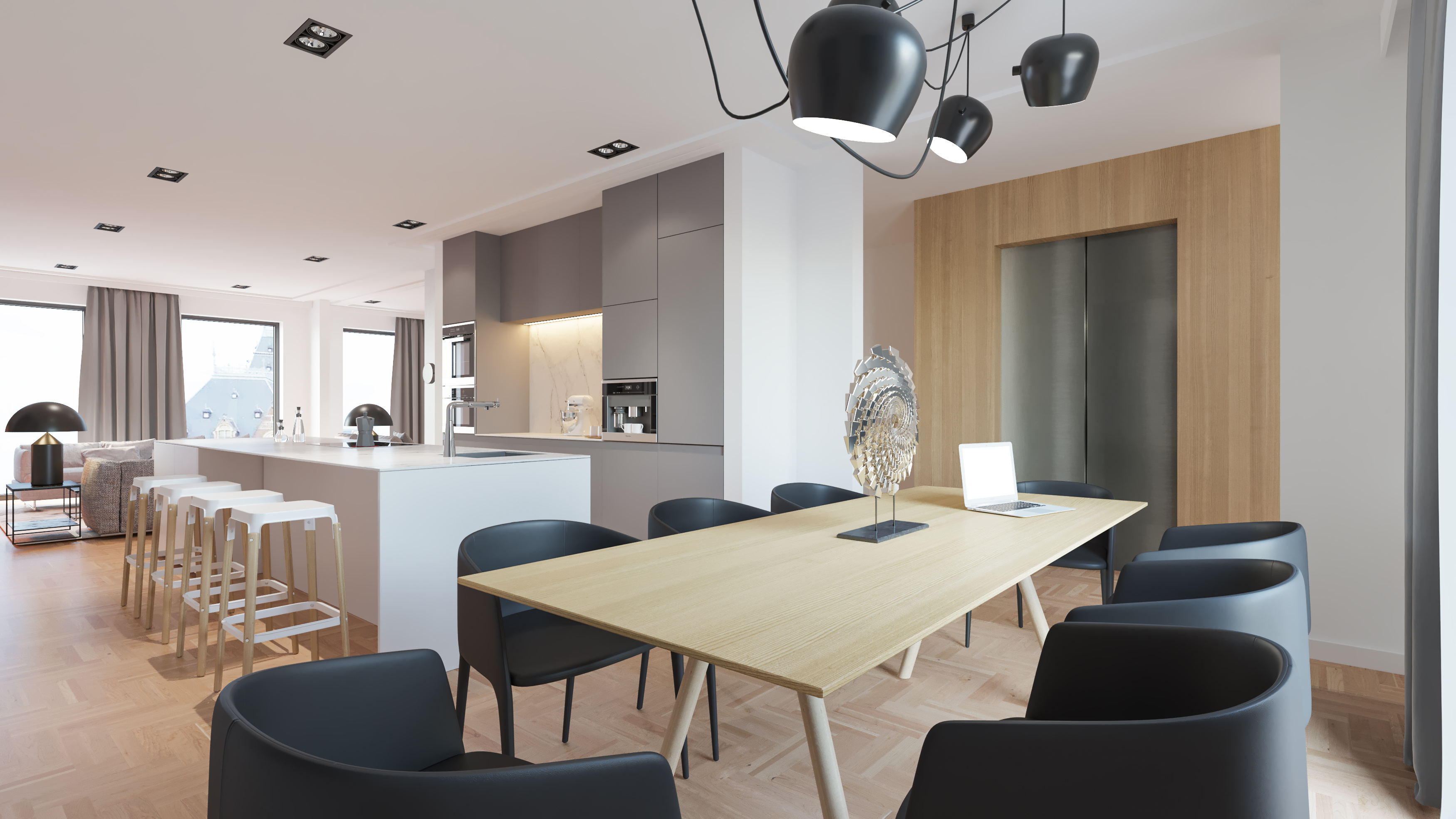 Jan Luikenstraat - wizualizacja 3D wnętrza apartament strefa dzienna