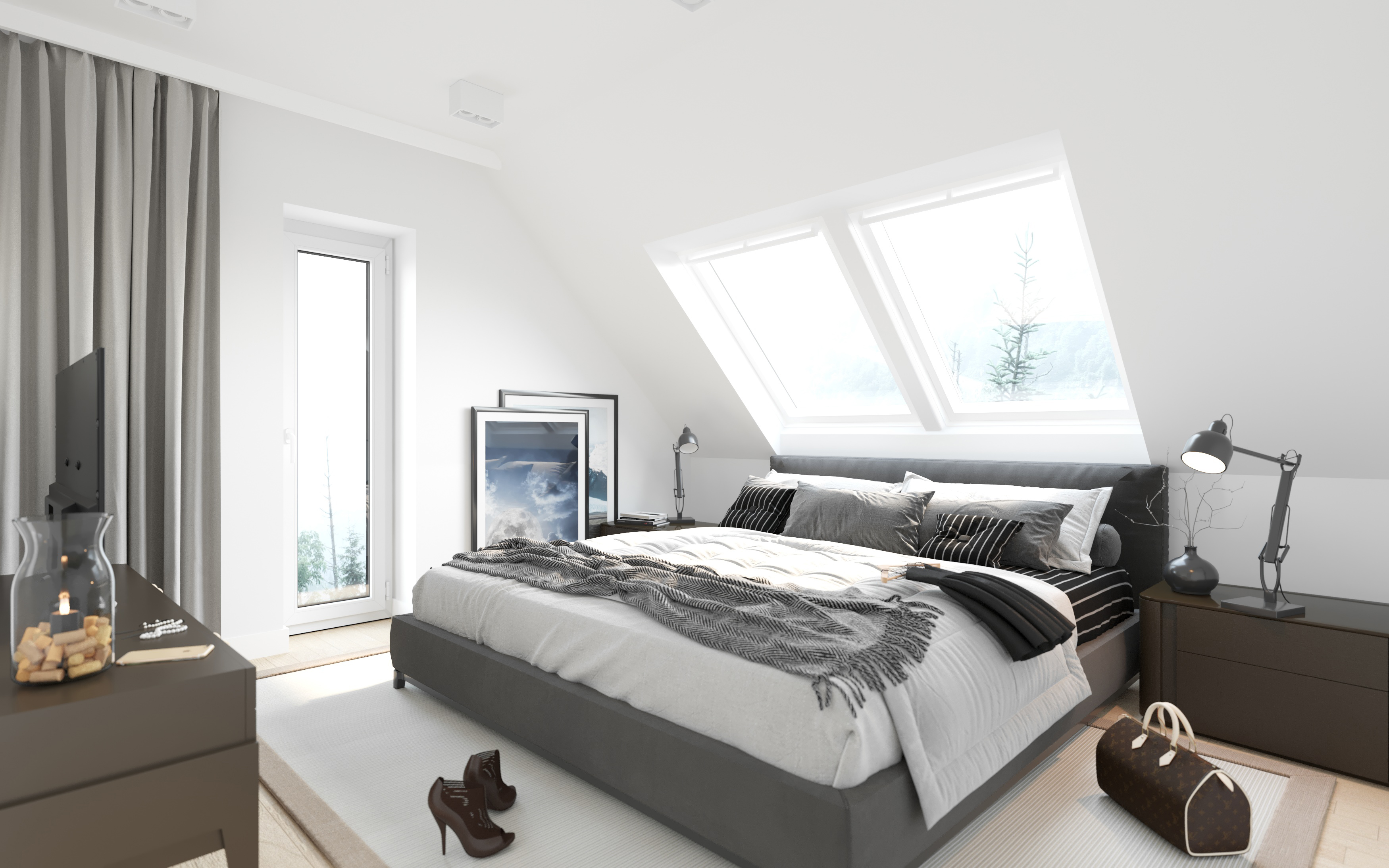 Okna dachowe - wizualizacja wnętrz sypialnia